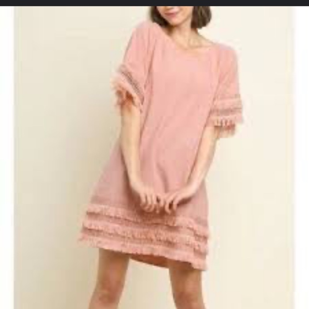 Umgee Pink Mini Dress with Fringe Details